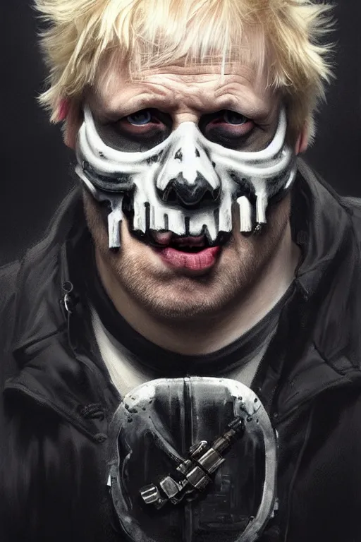 Prompt: Boris Johnson as Punisher, portrait, skull spraypainted on the vest, highly detailed, digital painting, artstation, concept art, smooth, sharp focus, illustration, cinematic lighting, art by artgerm and greg rutkowski and alphonse mucha