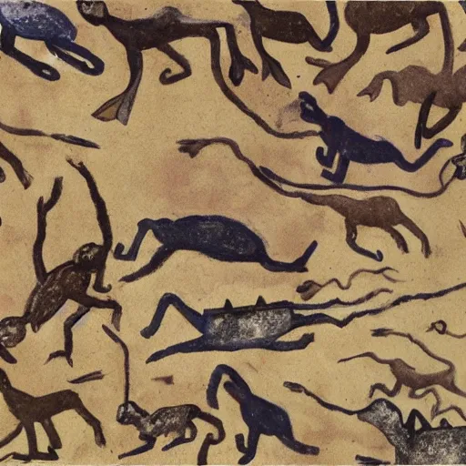 Image similar to seals being hunted by men, prehistoric cave painting