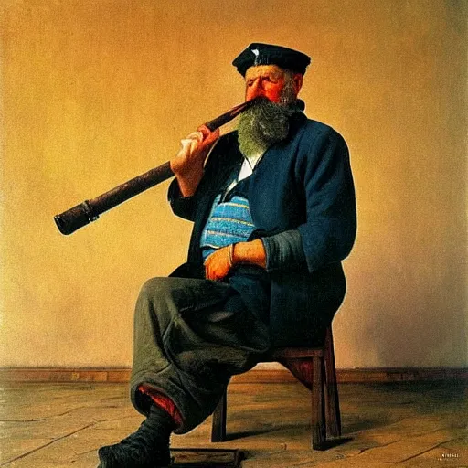 Image similar to painting of sailor hobo hyperrealism vasily vereshchagin holding a pipe