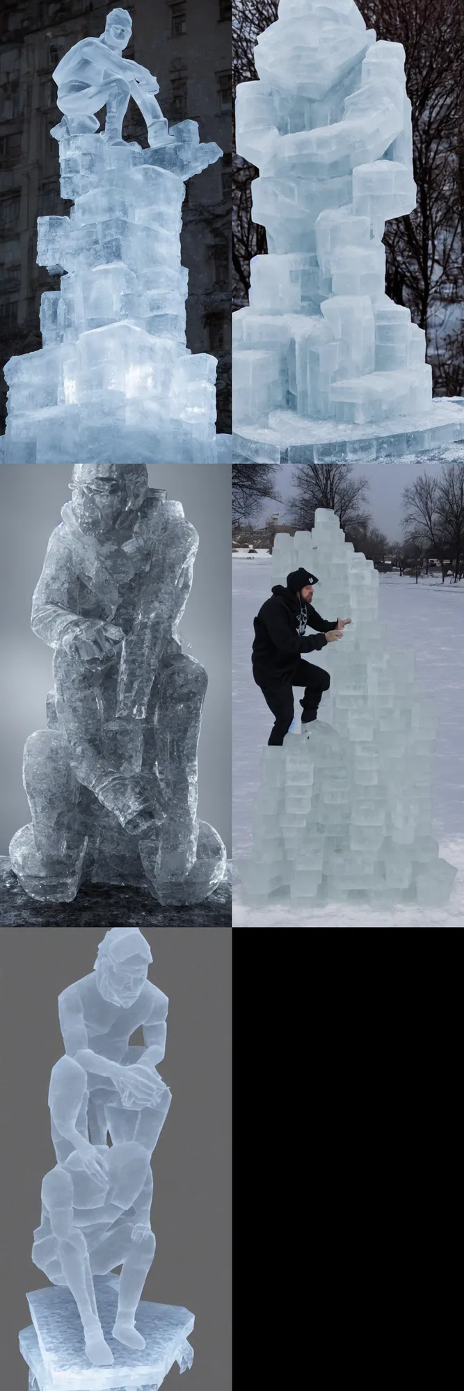 Prompt: Ice sculpture of squatting gopnik man, ultra realistic, 8k, volumetric light, cold fog