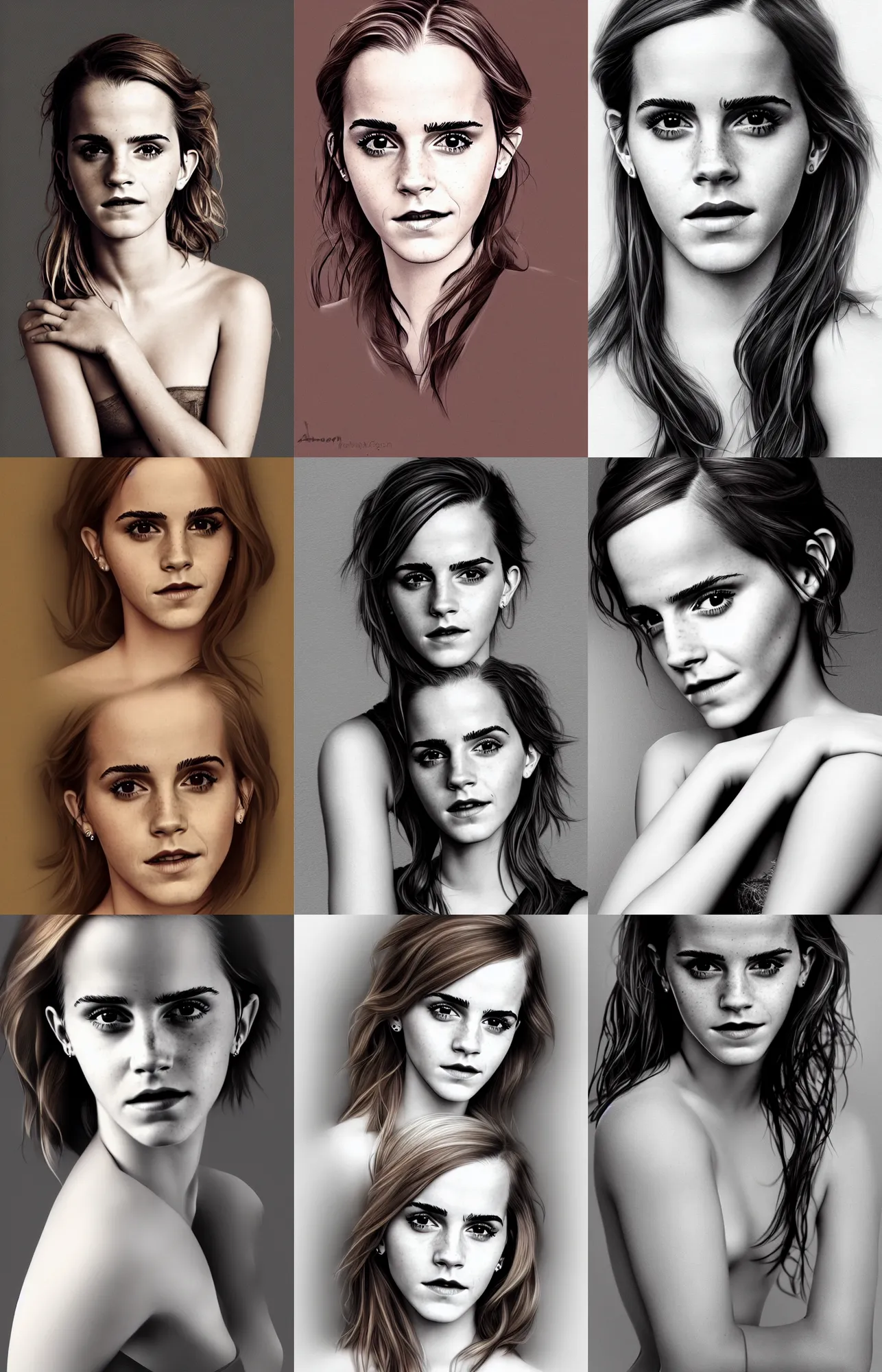 Prompt: sensual portrait photograph of emma watson, full body, 2 1 mm, elegant, intricate, naughty smile, sultry, smooth, illustration, digital painting