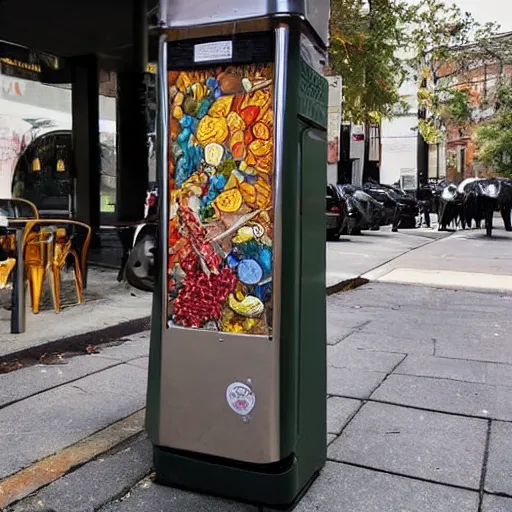 Prompt: a food dispenser in the street surround by beautiful street art