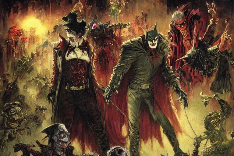 Image similar to vampire muppet batman and zombie robin vs. joker van helsing. art by gaston bussiere.