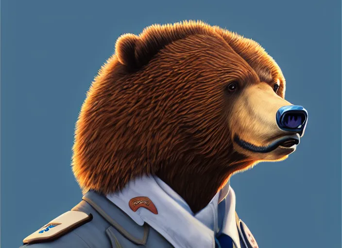 Image similar to character portrait feature of the anthro male anthropomorphic kamchatka brown bear fursona wearing airline pilot outfit uniform professional pilot for delta airlines character design stylized by charlie bowater, ross tran, artgerm, and makoto shinkai, detailed, soft lighting, rendered in octane