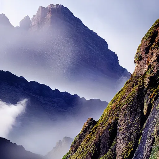 Image similar to a giant roc, with bright plumage soaring over mountains covered in mist, wildlife photography, 7 2 mm lens, national geographic award winning