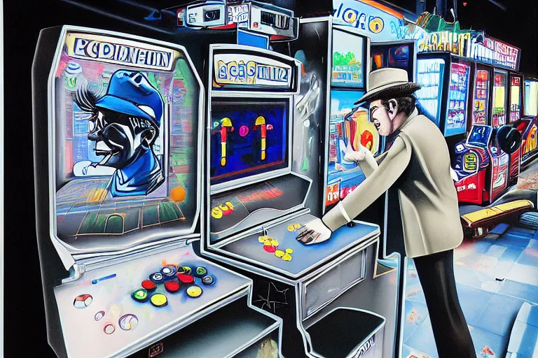 Prompt: charles cottet's 1 9 8 3 airbrush painting of inspector gadget playing ms pac man in an arcade