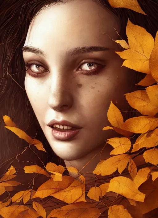 Image similar to golden leaves at frame border, creative!!! composition for a book cover!!!, absurdly beautiful, ultrafine hyperrealistic detailed old witch face by wlop and artgerm and greg rutkowski, intricate linework, sharp focus, smooth, octopath traveler, final fantasy, unreal engine, dramatic lighting, ethereal, 8 k