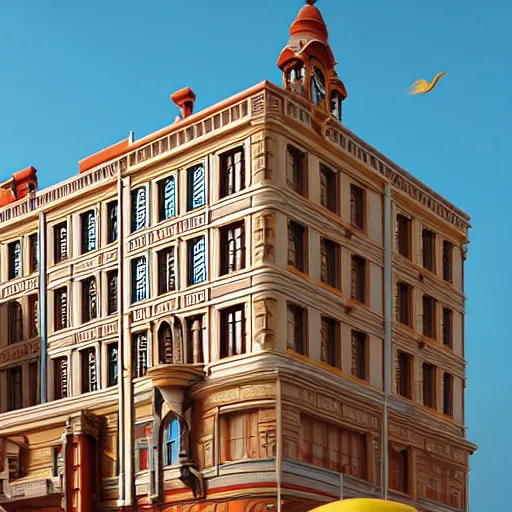 Prompt: wes anderson building facade highly detailed, photo, artstation, 3 d render, sharp focus, art by tokiolab and alphonse mucha, 8 k, ultra realistic, lens flare, glow, soft lighting, hyperrealistic, unreal engine