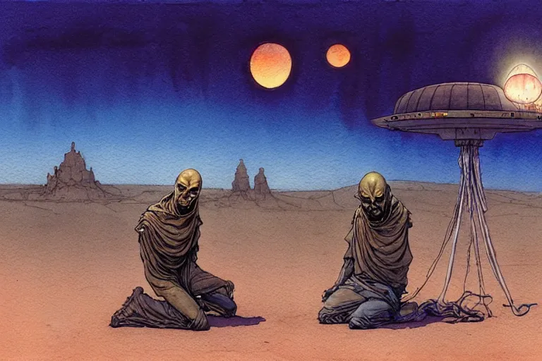 Image similar to a hyperrealist watercolour character concept art portrait of a middle eastern merchant kneeling down in astonishment in front of an alien with 1 2 eyes on a misty night in the desert. a ufo is in the background. by rebecca guay, michael kaluta, charles vess and jean moebius giraud