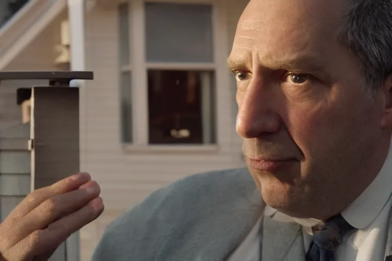 Image similar to movie scene portrait closeup, real life homer simpson in front of house, natural lighting by emmanuel lubezki