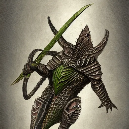 Image similar to lizard wearing knight armor, Lizardman, D&D, digital painting, highly detailed, concept armor, sharp focus