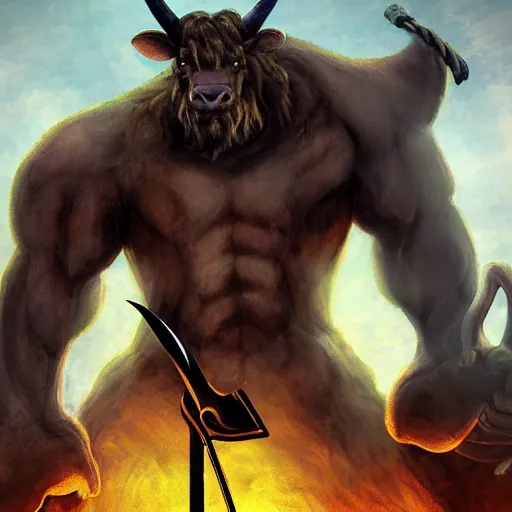 Prompt: huge smug minotaur wielding a great - axe, menacing aura