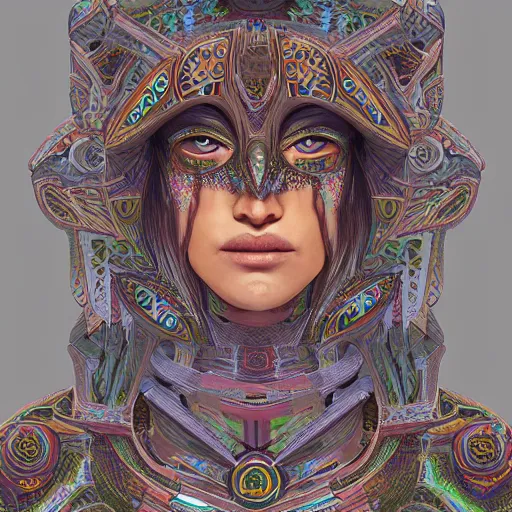 Image similar to portrait of a future metaverse Ayahuasca tech shaman warrior, 2D cartoon, visionary art, symmetric, Magick symbols, holy halo, shipibo patterns, sci-fi, concept art, trending on art station, 8k digital art, by Mandy Jurgens, fantasy portrait art, anime