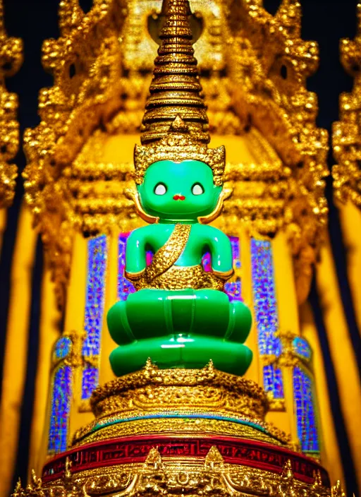 Image similar to emerald buddha temple designed by hello kitty, high lights, 4 k, high detailed photography, 5 0 mm lens, depth of field, cinematic