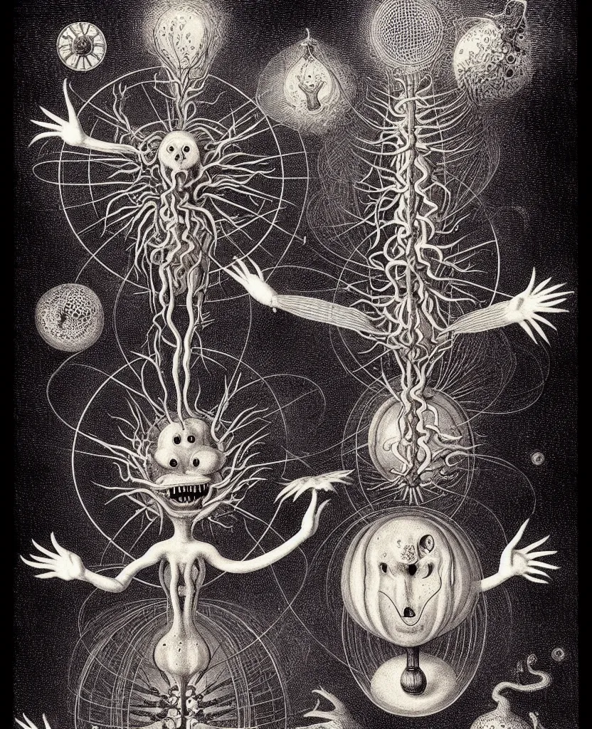 Image similar to whimsical freaky creature sings a unique canto about'as above so below'being ignited by the spirit of haeckel and robert fludd, breakthrough is iminent, glory be to the magic within