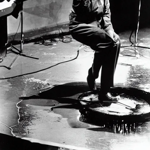 Image similar to charles mingus performing on stage, melting into a puddle, photograph