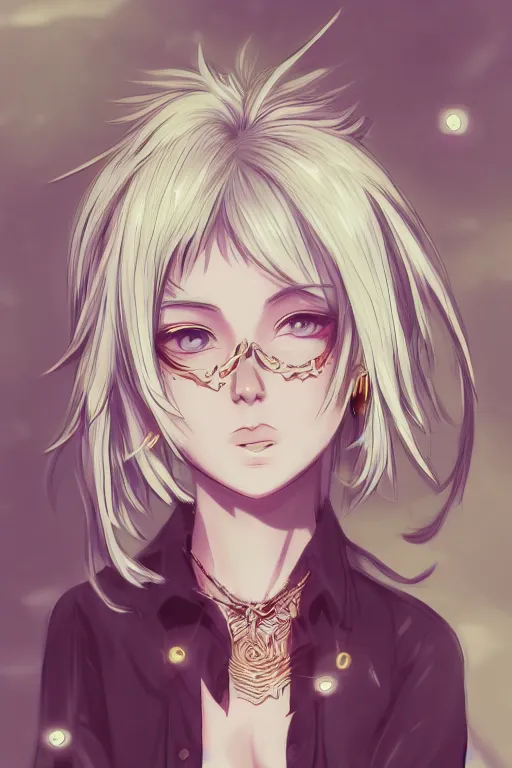 Prompt: headshot art of a young vibrant anime girl with silver hair and golden hair highlights, wearing a bright necklace and with face tattoos, drawn by WLOP, by Avetetsuya Studios, anime drawing, trending on artstation