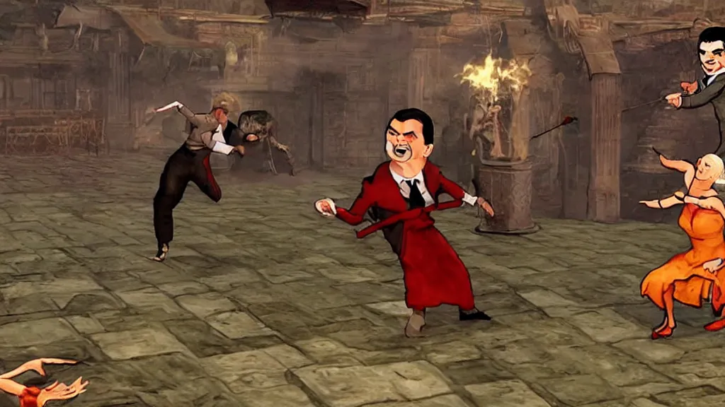 Image similar to mr bean fighting queen elizabeth in mortal kombat, video game, gameplay, screenshot