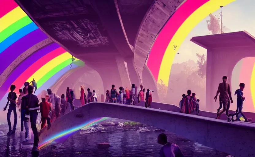 Image similar to incredible, refugees crossing a mindblowingly beautiful bridge made of rainbow, energy pulsing, hardlight, matte painting, artstation, solarpunk metropolis, cgsociety, dramatic lighting, concept art, octane render, arnold 3 d render