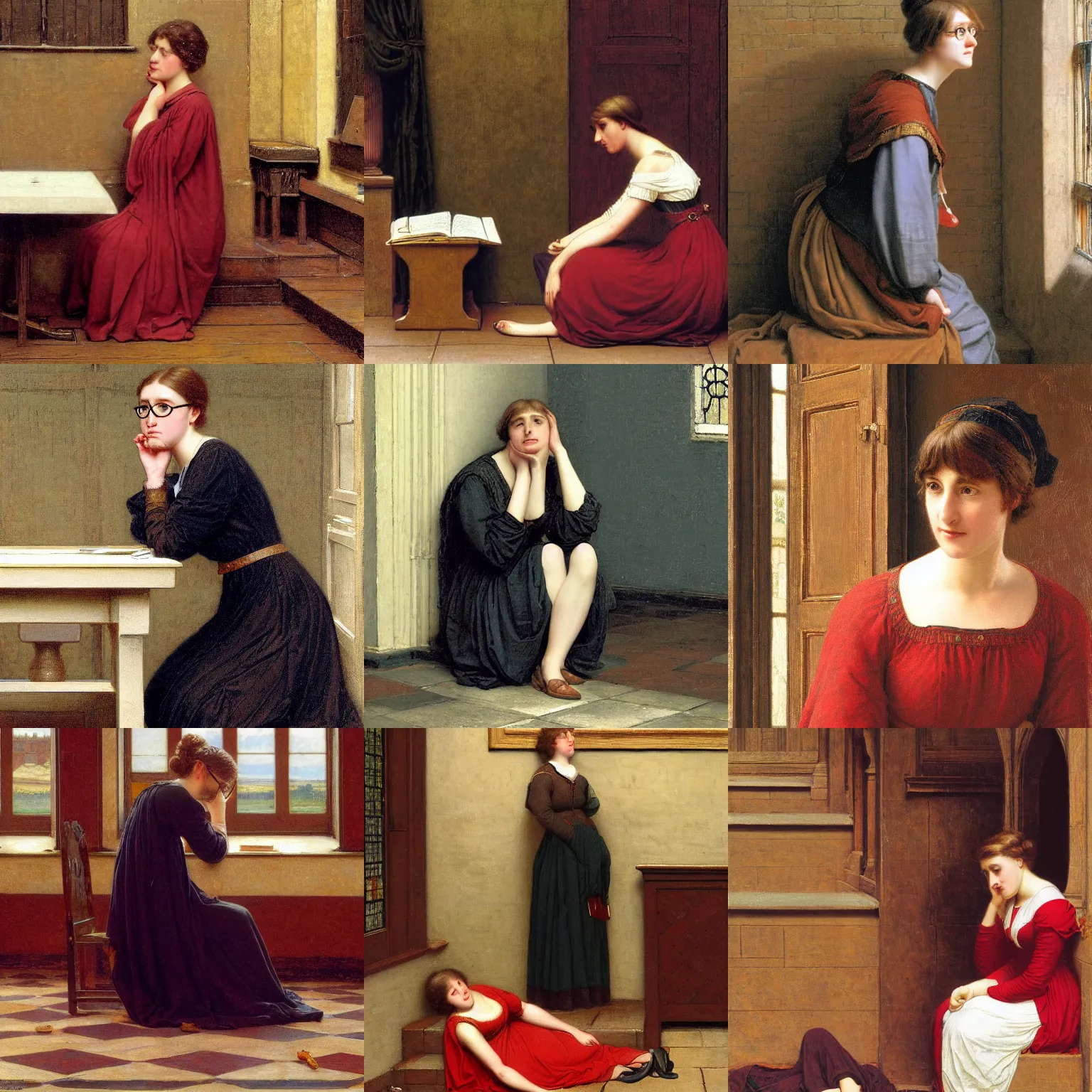 Prompt: Allison Mack wearing glasses sitting on the floor, confused, by Edmund Blair Leighton