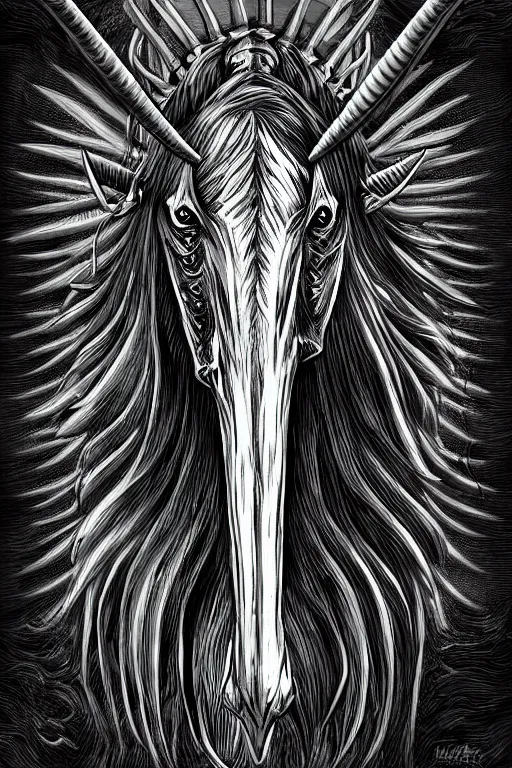 Image similar to demon horse with a narwhal horn, symmetrical, highly detailed, digital art, sharp focus, trending on art station, kentaro miura manga art style