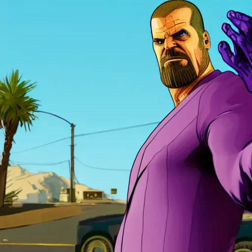 Prompt: Thanos wearing a business suit in GTA V, cover art by Stephen Bliss, boxart, loading screen