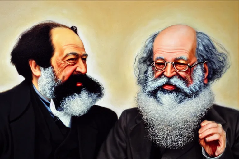 Image similar to ( ( a beautiful 8 k photorealistic masterpiece oil - painting ) ( close up ) and ( zoom out ) ( of ( karl marx and sigmund freud hugging ) ( in funny clothes ( both giggling and having fun ) ) ) ( hyperrealism ) ( 1 6 k ) ( trending on artstation )