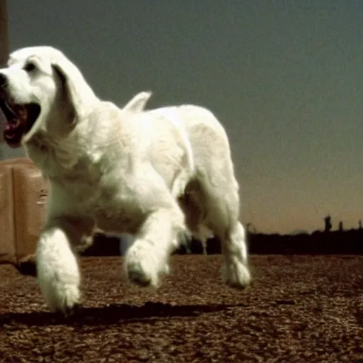 Image similar to movie still of dog robot white swiss shepperd, cinematic composition, cinematic light, criterion collection, by edgar wright