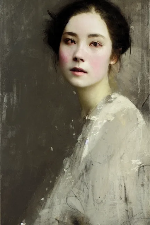 Image similar to Solomon Joseph Solomon and Richard Schmid and Jeremy Lipking victorian genre painting full length portrait painting of a young beautiful woman from japan