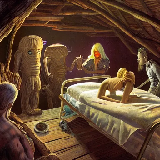 Image similar to primitive extraterrestrial villagers caring for weak and severely injured butch blond woman at bedside, inside primitive hut, dramatic lighting, illustration, ron cobb, mike mignogna, science fiction, detailed painting, high detail, coherent, rough paper