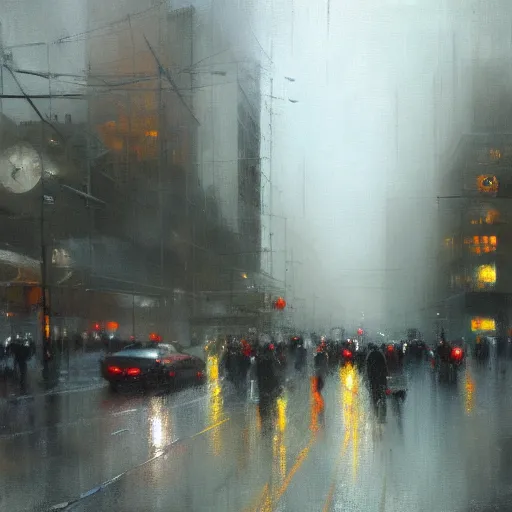 Image similar to dallas skyline, street scene, light rain and gentle fog, people crowding, painting by jeremy mann