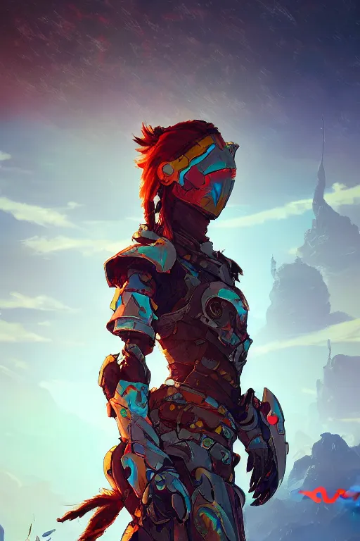 Image similar to combination suit armor aloy horizon forbidden west horizon zero dawn radiating a glowing aura global illumination ray tracing hdr fanart arstation by ian pesty and alena aenami artworks in 4 k tribal robot ninja mask helmet backpack