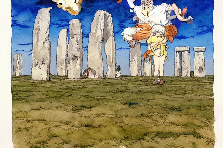 Prompt: a hyperrealist studio ghibli watercolor fantasy concept art. a giant hand is coming down from the sky holding a stone above stonehenge. by rebecca guay, michael kaluta, charles vess