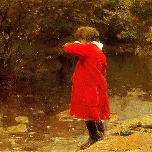 Image similar to red 🧥 ♀ in an adventure, by thomas eakins