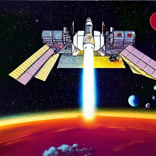 Prompt: apollo crew module entering earth's atmosphere, 1 9 7 0 s illustration, saturated colors