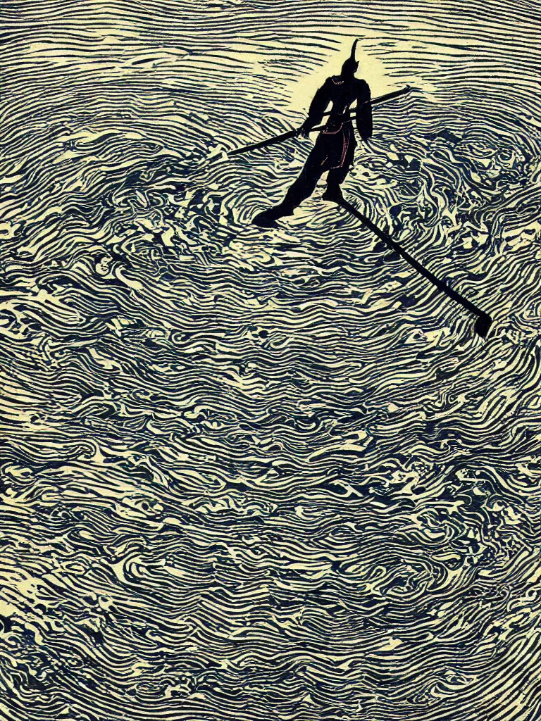 Prompt: old printmaking woodblock print of a samurai with a katana standing in water with ripples around him, a big sun above. beautiful dark fantasy, 8k detail
