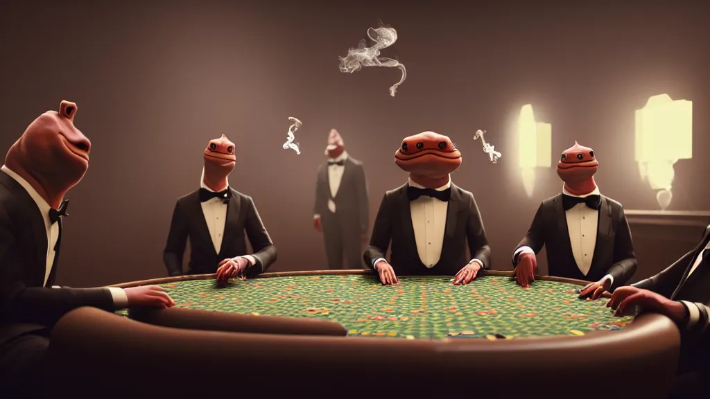 Image similar to hyperrealism simulation highly detailed human turtles'wearing detailed tuxedos and smoking, playing poker in surreal scene from dark scary movie from future by wes anderson and denis villeneuve and mike winkelmann rendered in blender and octane render