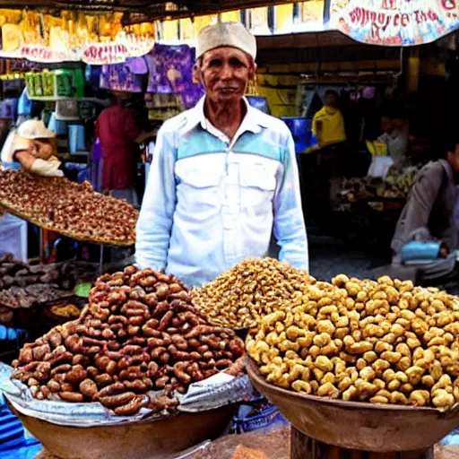 Image similar to photo of dee's nuts. nut seller stand in a bazaar