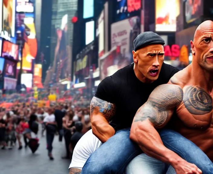 Image similar to Dwayne the Rock Johnson riding on the back of Adam Sandler, doing Methamphetamine at Times Square, photograph by Alfred Eisenstaedt, 4K, dramatic lighting; 4K 8K