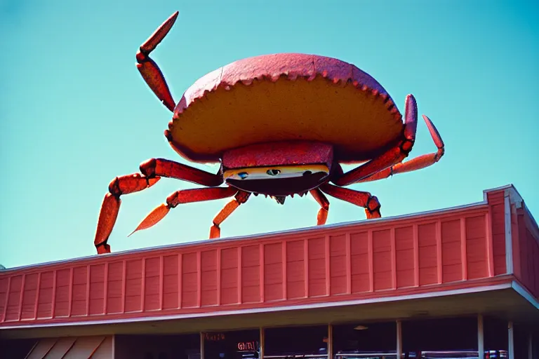 Image similar to 2 0 1 5 giant crab terrorizing a city, googie architecture, americana, fishcore, exterior photography, hd 8 k, photography cinestill