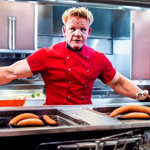 Image similar to a film still of gordon ramsay selling hotdogs in a new movie, 4 k