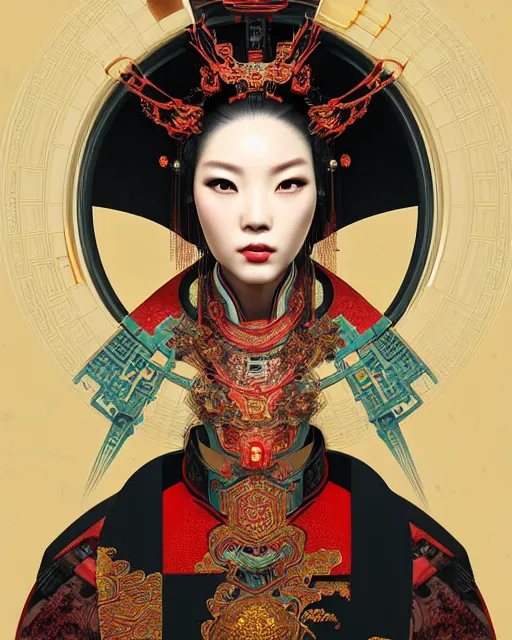 Image similar to portrait of a chinese cyberpunk machine, machine face, upper half portrait, decorated with chinese opera motifs, regal, asian, fine china, wuxia, traditional chinese art intricate intense elegant 京 剧 highly detailed digital painting artstation concept art smooth sharp focus illustration, art by artgerm and greg rutkowski alphonse mucha 8 k