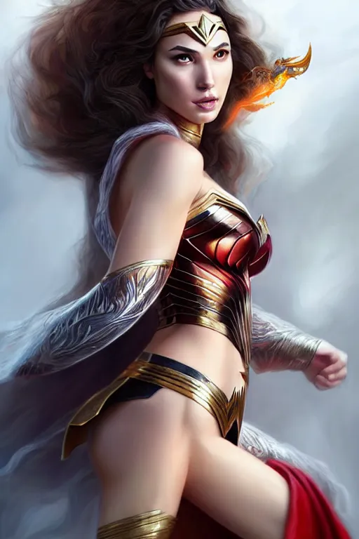 Prompt: hyper - realistic, gorgeous!!! woman resembling gal gadot as a powerful, kitsune, sorceress | intricate, highly detailed, ultra graphics, digital painting, character design, concept art, artstation | drawn by wlop, drawn by jeehyung lee, drawn by artgerm