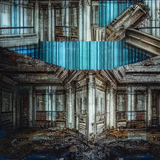 Image similar to realistic photograph of an abandoned building interior glitching through reality, glitch art