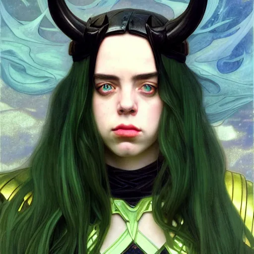 Image similar to Billie Eilish as Female Loki, very detailed, digital art, trending on artstation, concept art, smooth, illustration, art by artgerm and greg rutkowski and alphonse mucha and J. C. Leyendecker and Edmund Blair Leighton and Katsuhiro Otomo and Geof Darrow and Phil hale and Ashley wood