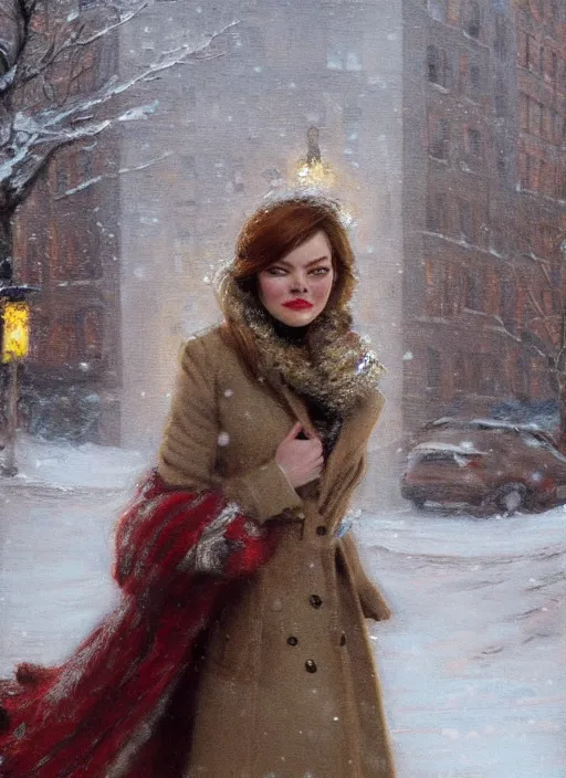 Image similar to emma stone beige coat walking into new york apartment building in winter, close up of wreath on door, snow, artwork by gaston bussiere, craig mullins, trending on artstation