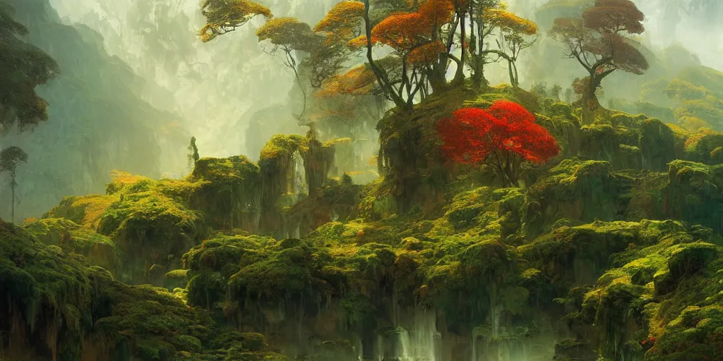Prompt: beautiful landscape forests mountains rivers red and green leaves many layers waterfalls villages castles, buildings artstation illustration sharp focus sunlit vista painted by ruan jia raymond swanland lawrence alma tadema zdzislaw beksinski norman rockwell tom lovell alex malveda greg staples
