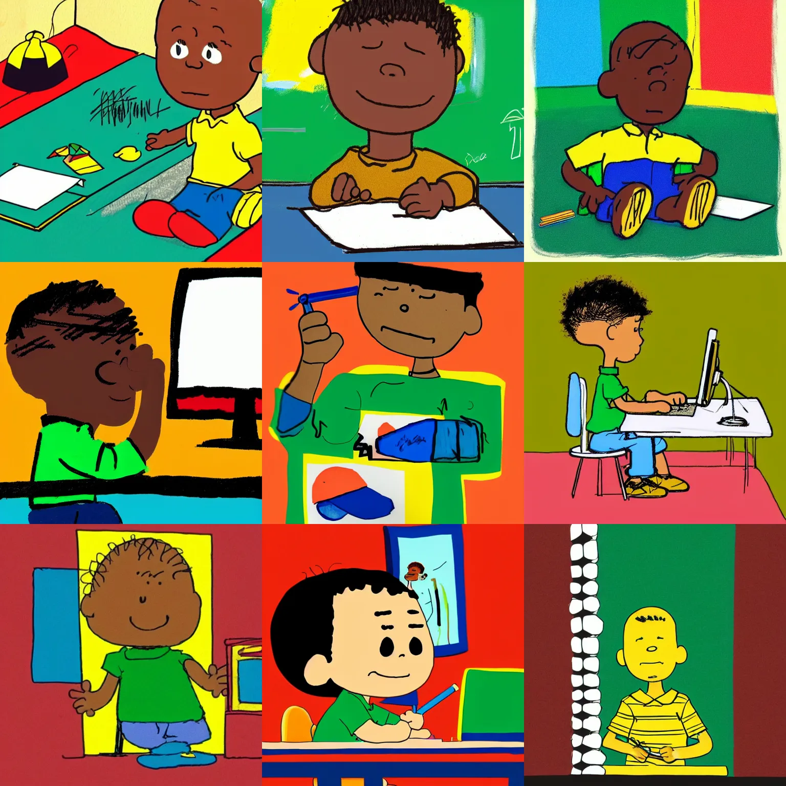 Prompt: a cute simple kid's crayon illustration of a young ghanaian 👦🏿 boy working at his home computer in his modern office bedroom, artstation, in the style of peanuts, by rossdraws and artgerm and studio ghibli and basquiat, masterpiece, hd, award winning, solid color background, red green yellow color scheme