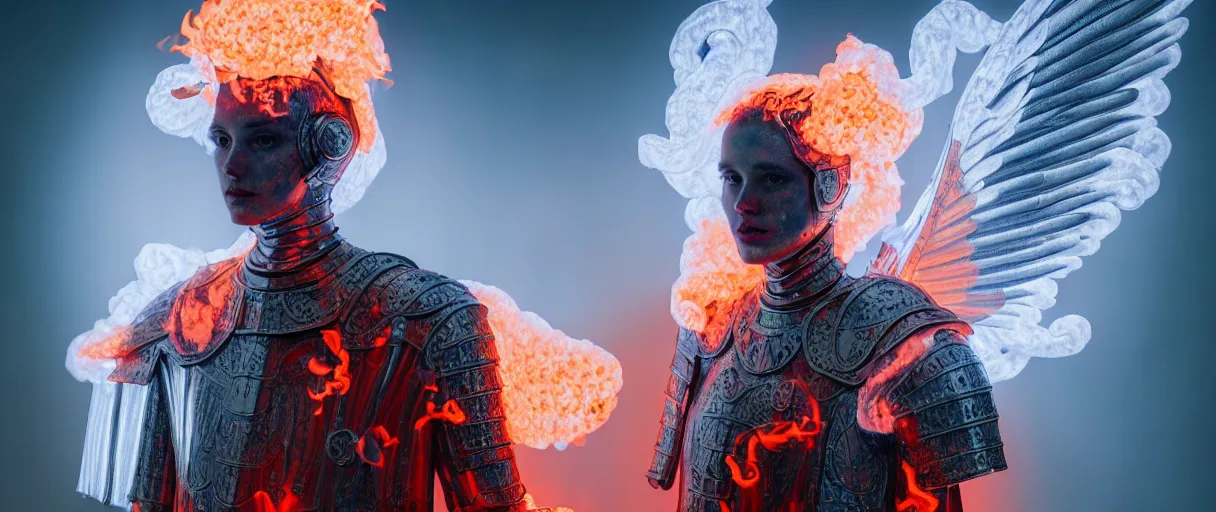 Image similar to hyperrealist highly detailed english medieval portrait of high fashion archangel wearing flame fire smoke flame armor, radiating atomic neon corals, veiny network growth with ghostly ghost translucent ghost armor, concept art pascal blanche dramatic studio lighting 8k wide angle shallow depth of field