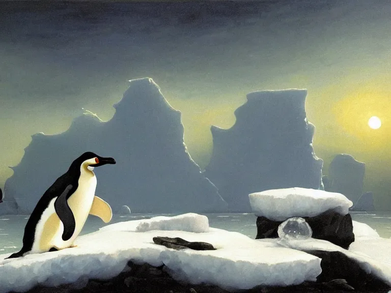 Image similar to an oil painting of a penguin playing in pure white snow on an iceberg in a serene ocean at dusk. aurora. by tuomas korpi moebius and carl spitzweg. baroque elements. intricate artwork by caravaggio. oil painting. oil on canvas. award winning. dramatic. trending on artstation. 8 k